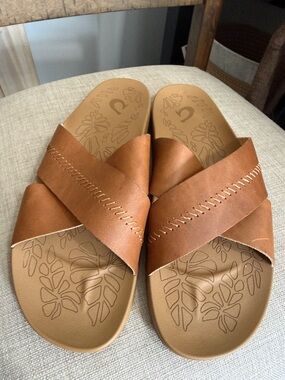 OluKai Women's Brown Leather Cross-Strap Slide Sandals